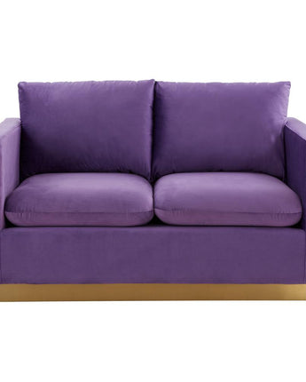 LeisureMod Nervo Modern Mid-Century Upholstered Velvet Loveseat with Gold Frame, Purple