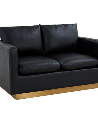 LeisureMod Nervo Modern Mid-Century Upholstered Leather Loveseat with Gold Frame, Black