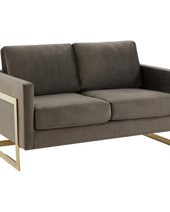 LeisureMod Lincoln Modern Mid-Century Upholstered Velvet Loveseat with Gold Frame, Dark Grey