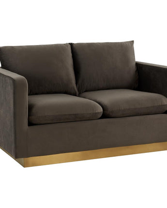 LeisureMod Nervo Modern Mid-Century Upholstered Velvet Loveseat with Gold Frame, Dark Grey