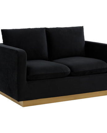 LeisureMod Nervo Modern Mid-Century Upholstered Velvet Loveseat with Gold Frame, Midnight Black