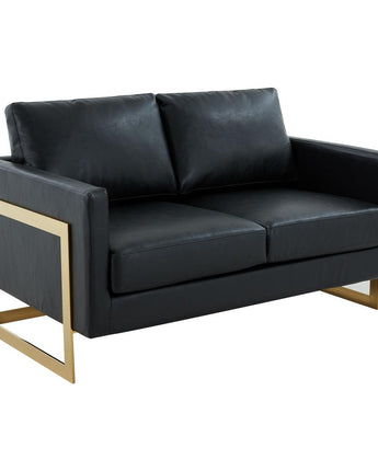 LeisureMod Lincoln Modern Mid-Century Upholstered Leather Loveseat with Gold Frame, Black