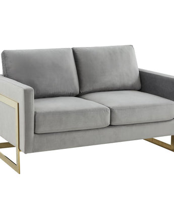 LeisureMod Lincoln Modern Mid-Century Upholstered Velvet Loveseat with Gold Frame, Light Grey