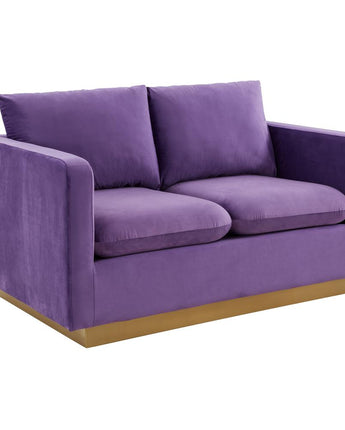 LeisureMod Nervo Modern Mid-Century Upholstered Velvet Loveseat with Gold Frame, Purple