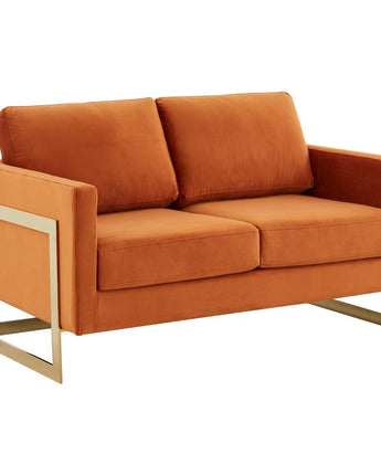 LeisureMod Lincoln Modern Mid-Century Upholstered Velvet Loveseat with Gold Frame, Orange Marmalade