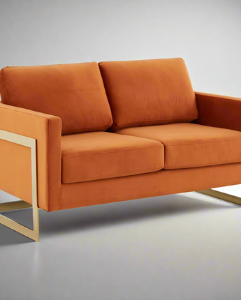 LeisureMod Lincoln Modern Mid-Century Upholstered Velvet Loveseat with Gold Frame, Orange Marmalade