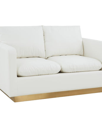 LeisureMod Nervo Modern Mid-Century Upholstered Leather Loveseat with Gold Frame, White