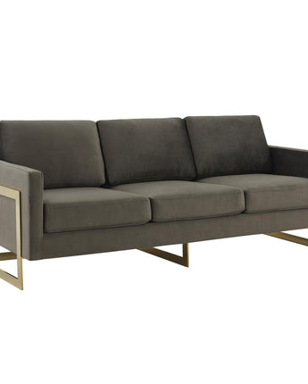 LeisureMod Lincoln Modern Mid-Century Upholstered Velvet Sofa with Gold Frame - Dark Grey