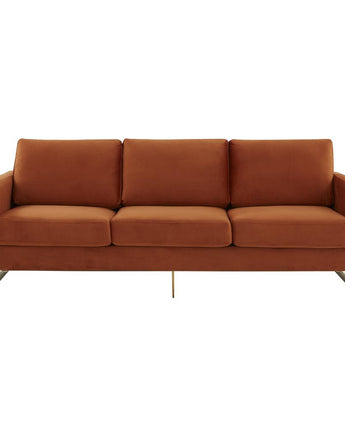 LeisureMod Lincoln Modern Mid-Century Upholstered Velvet Sofa with Gold Frame - Orange Marmalade