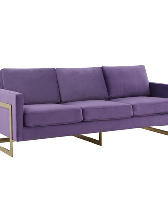 LeisureMod Lincoln Modern Mid-Century Upholstered Velvet Sofa with Gold Frame - Purple