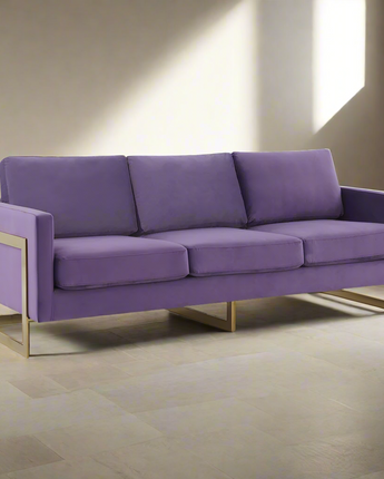 LeisureMod Lincoln Modern Mid-Century Upholstered Velvet Sofa with Gold Frame - Purple