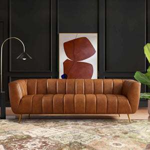 Elegant Ava Genuine Italian Tan Leather Channel Tufted Sofa with plush cushions.