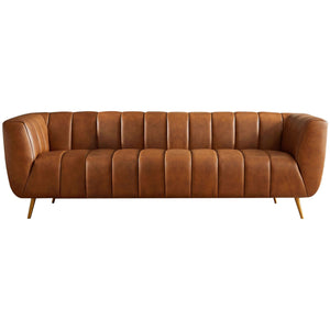 Ava Genuine Italian Tan Leather Channel Tufted Sofa complementing a chic home decor.