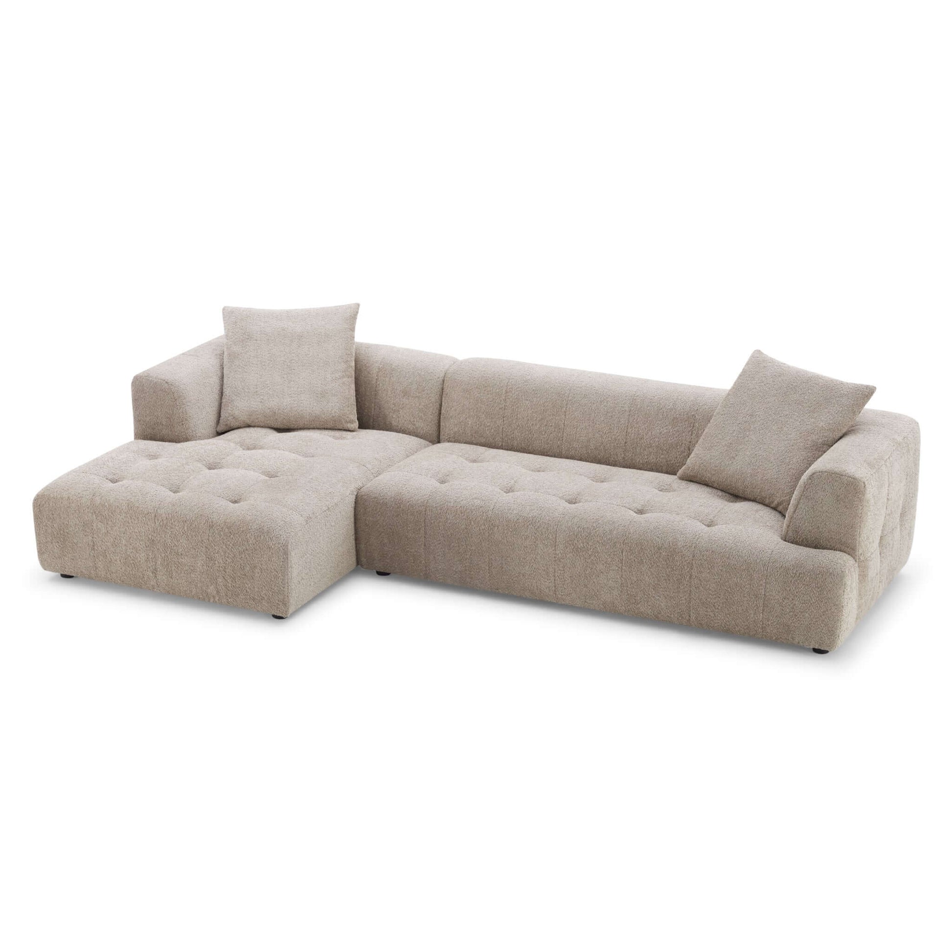 Luxurious boucle sectional with plush seating and clean lines.