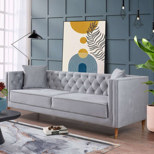 Autumn Mid-Century Modern  Light Grey Velvet Sofa in a living room