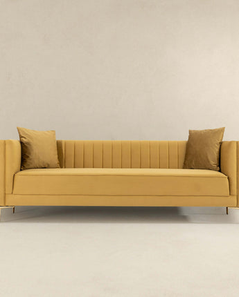 Chic Angelina Mustard Yellow Sofa with gold legs.