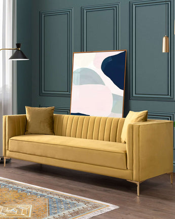 Elegant Angelina Mustard Yellow Sofa with tufted backrest.