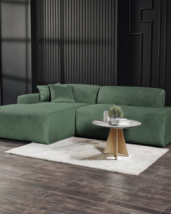 Mar Left Side Sectional Sofa in Green with plush cushions.