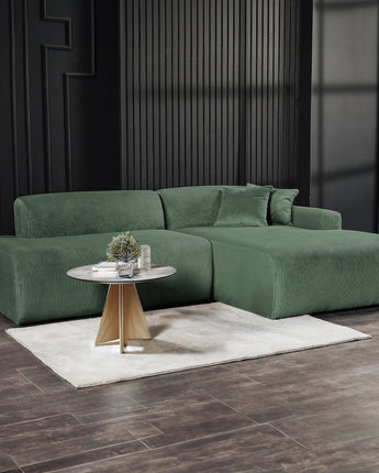 Mar Right Side Sectional Sofa in lush green fabric with modern design.