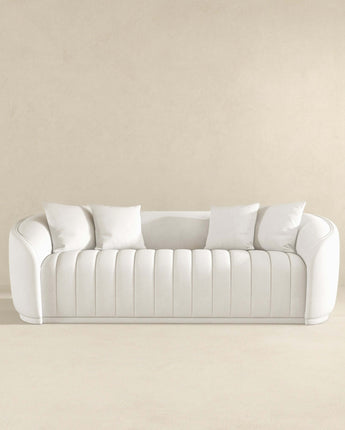 Elegant white boucle couch with tight back design by Cherie Furniture.