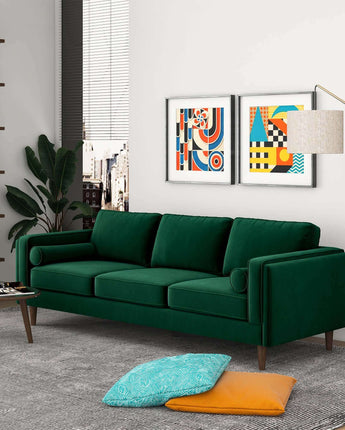 Amber Mid Century Dark Green Sofa with sleek wooden legs.