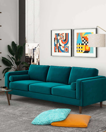 Amber Mid Century Modern Teal Velvet Sofa